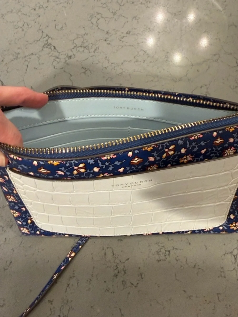 Tory Burch Colorblock Leather Tassel Crossbody Bag Clutch Blue Wild Pansy Floral